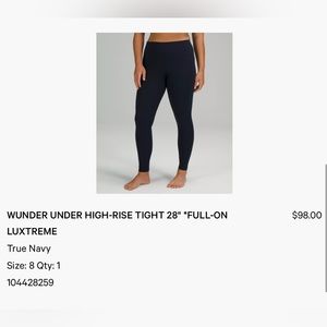 Navy blue. Size 8. Lululemon 28” leggings.